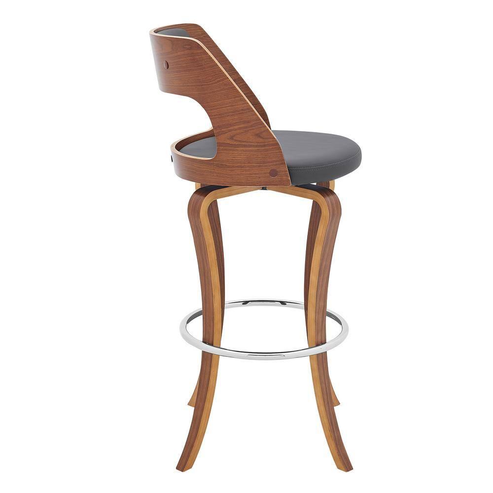 30 in. Grady Swivel Gray Faux Leather & Walnut Wood Bar Stool,