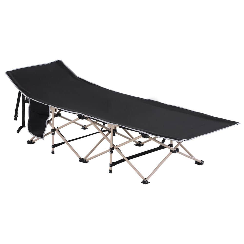 Outsunny Folding Camping Cot for Adults with Carry Bags, Side Pockets, Outdoor Portable Sleeping Bed for Travel Camp Vocation, Black