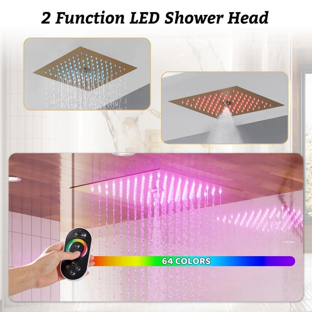 12" Flush Mounted Luxury Thermostatic Rainfall Shower System with LED and 6 Body Jets