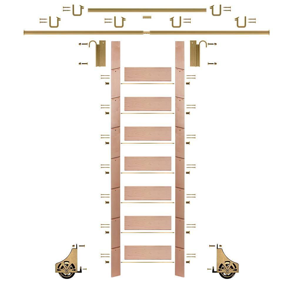 92 in. Clear Finished Red Oak Library Ladder (104 in. Reach) Polished Brass Top Hook Ladder Kit with 12 ft. Rail