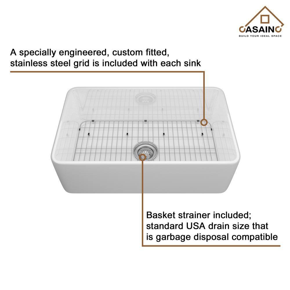 CASAINC Single Bowl White Fireclay Farmhouse Kitchen Sink With Faucet Included