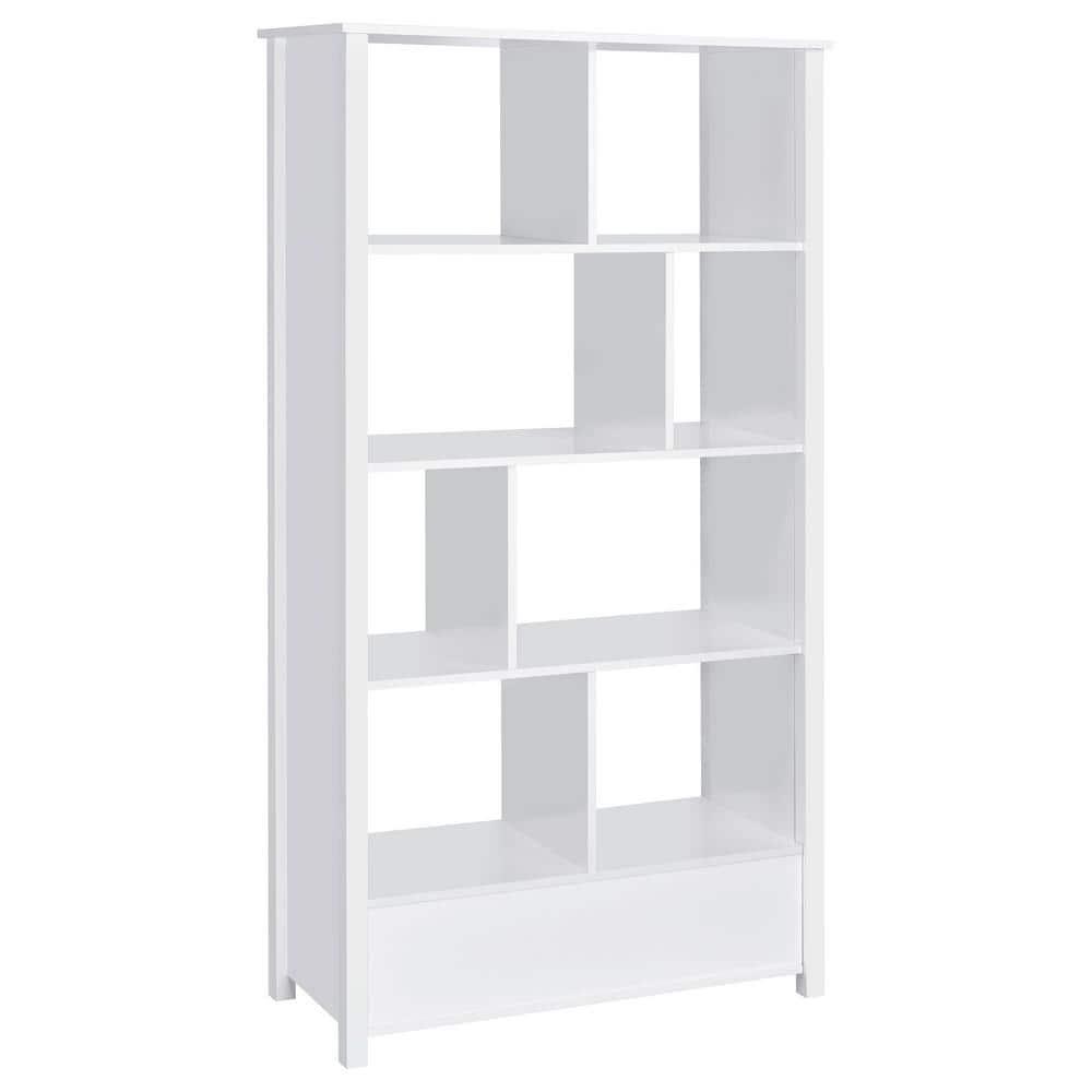Coaster 68" Dylan 8 Shelf Bookcase with Storage Drawer White High Gloss : Laminated, Modern Design, Zinc Alloy Hardware