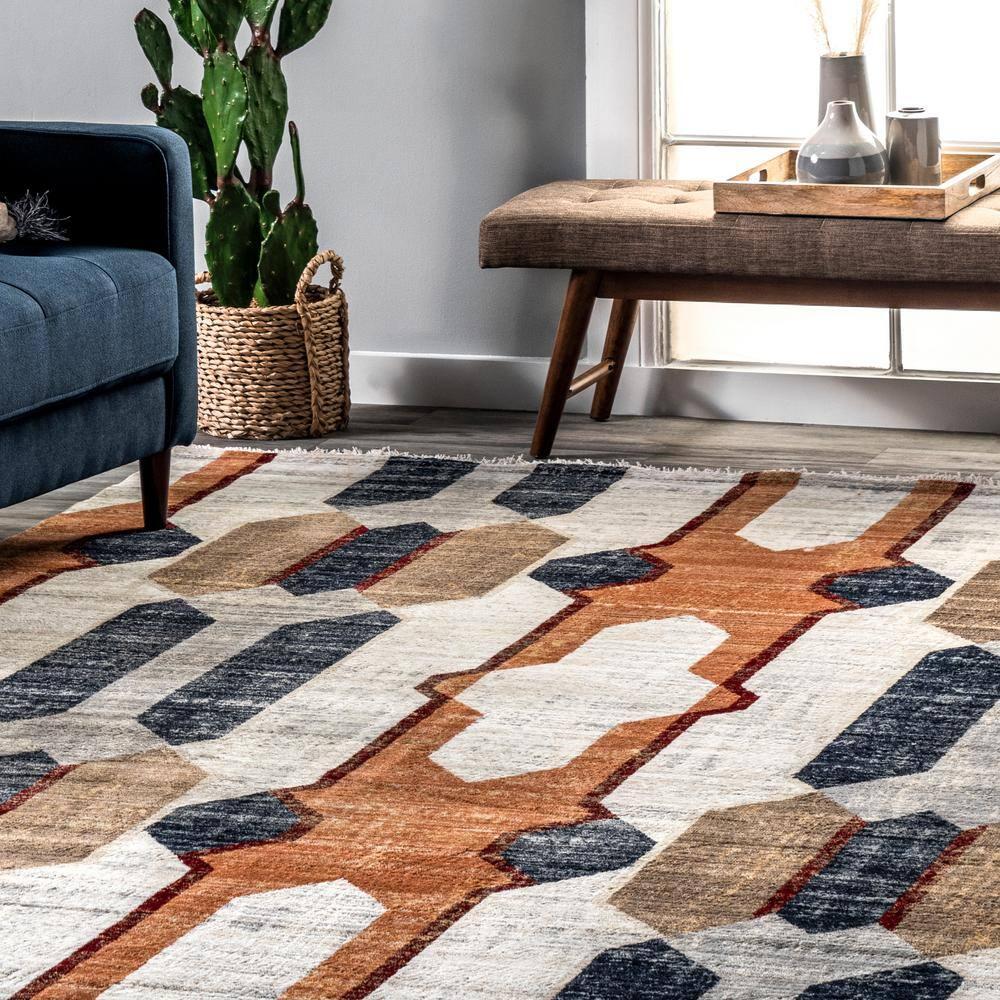 Beige Geometric Rectangular Stain-Resistant Area Rug 62"