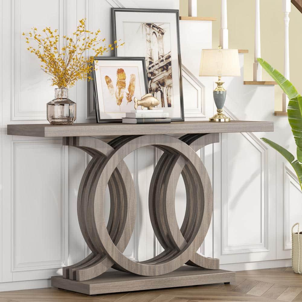 Gray 55" Geometric Base Wooden Console Table with Storage