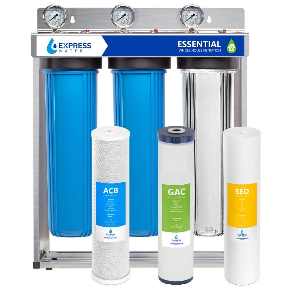 Express Water Whole House Water Filter – 3 Stage Home Water Filtration System – Sediment, Charcoal, Carbon Filters – includes Pressure Gauges, Easy Release, and 1” Inch Connections