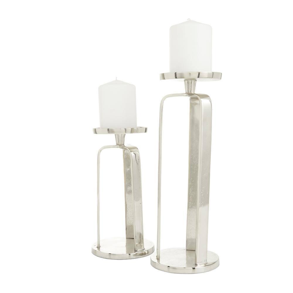 Contemporary Silver Aluminum Geometric Pillar Candle Holder Set