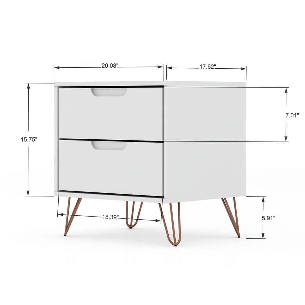 Set of 2 Rockefeller 2 Drawer Nightstands White - Manhattan Comfort: Modern Splayed Metal Legs, MDF