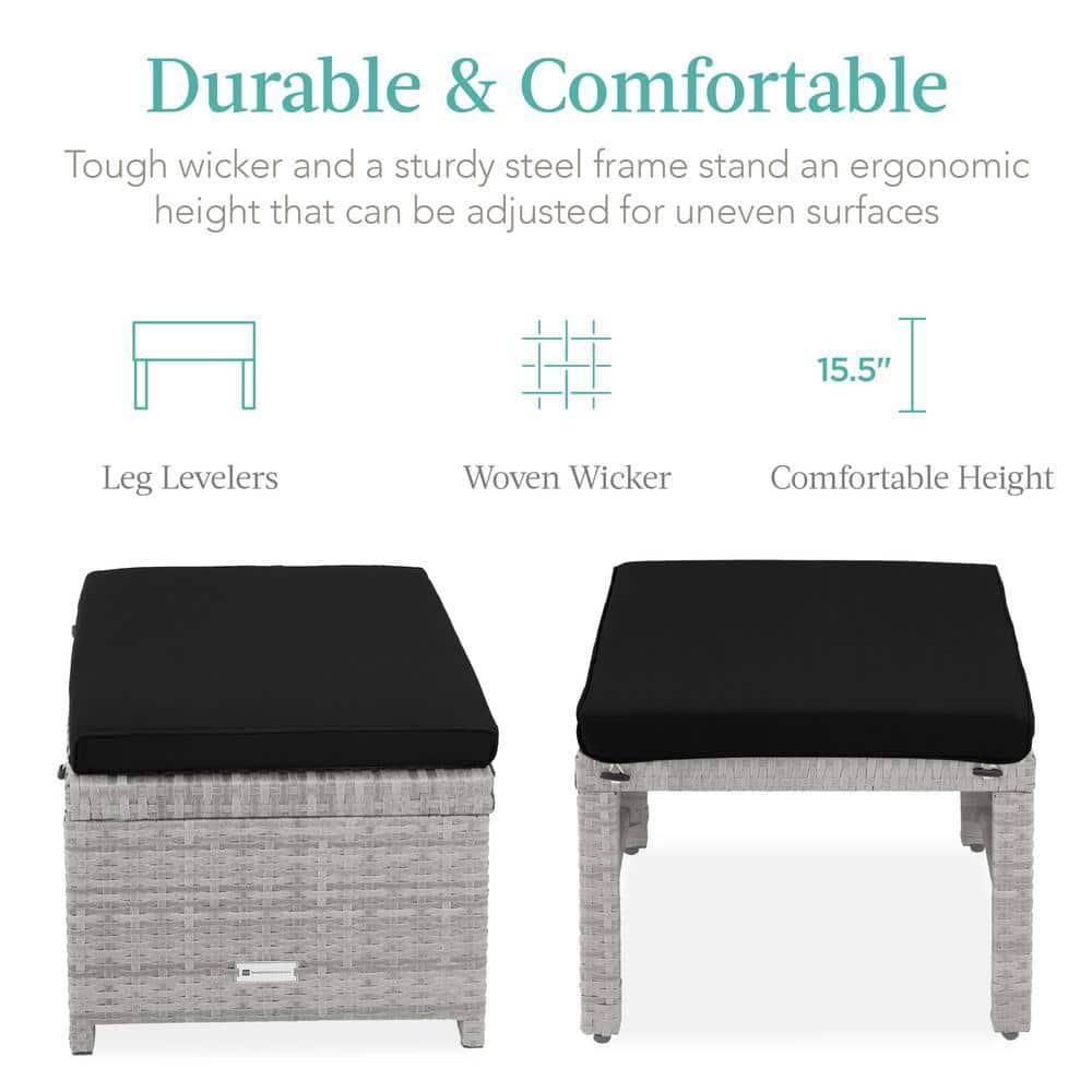 Best Choice Products Set of 2 Multipurpose Patio Wicker Ottomans w/ Removable Cushions - Gray/Black