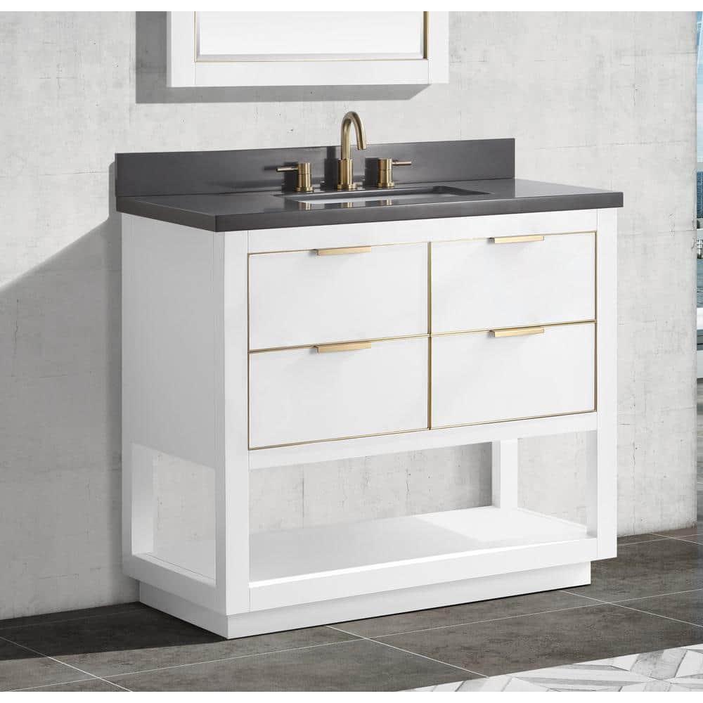 Allie 37" White and Gold Trim Single Bathroom Vanity with Gray Quartz Top