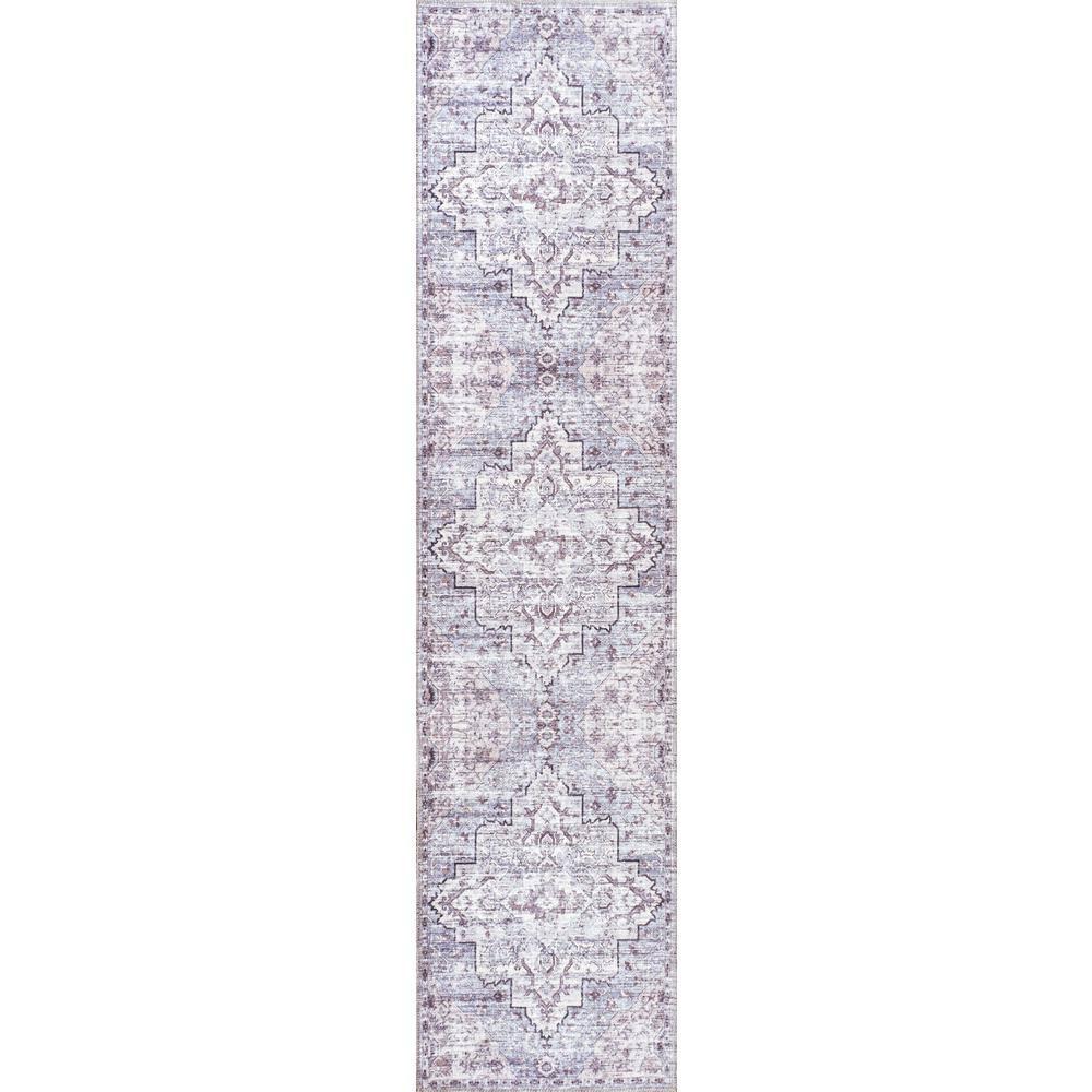 2' x 8' Didim Boho Gray Medallion Machine Washable Indoor/Outdoor Runner Rug, Gray/Purple - JONATHAN Y