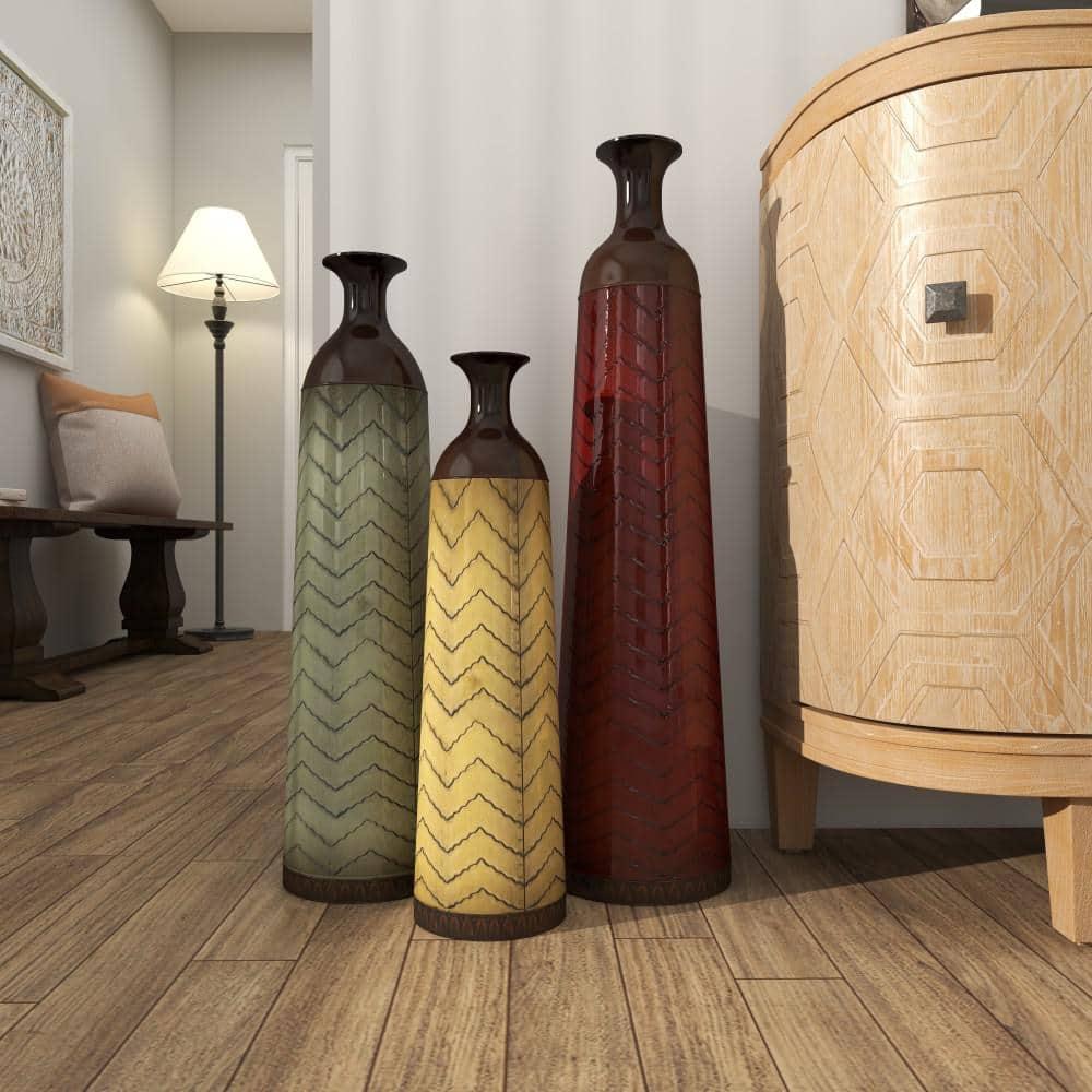 DecMode 32", 27", 22"H Tall Enameled Bottleneck Floor Multi Colored Metal Vase with Chevron Pattern, Set of 3