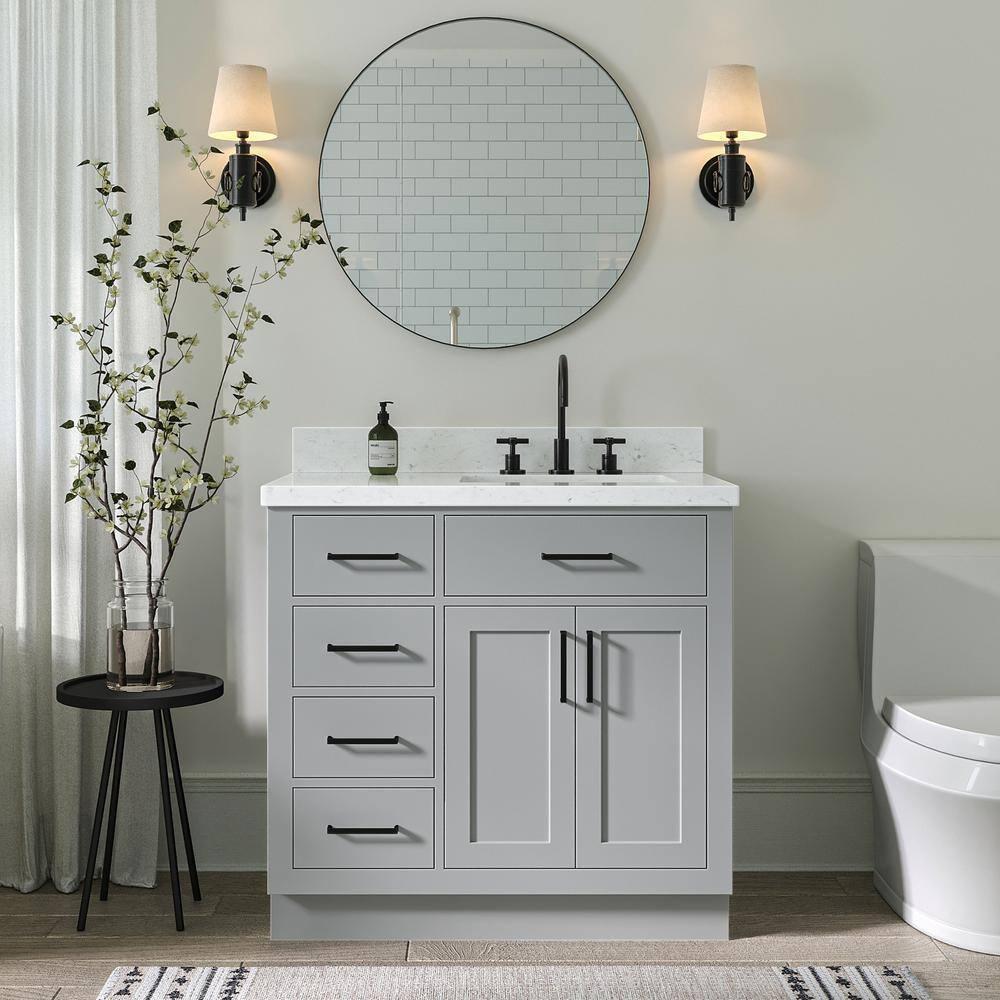 Thornaby 36'' Solid Wood Single Bathroom Vanity with 1.5'' Carrara Quartz Top, Left Offset Oval Sink