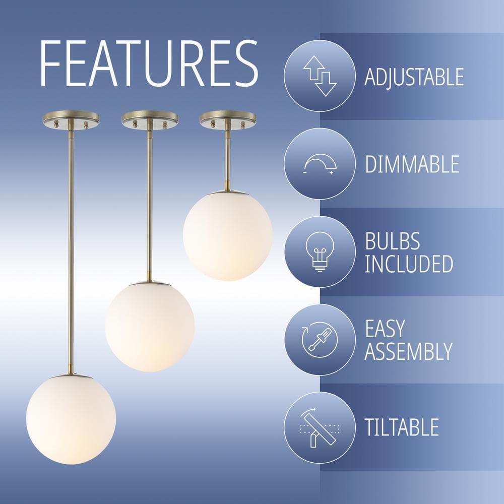 Bleecker 7.75" Metal/Glass Globe LED Pendant, White/Brass