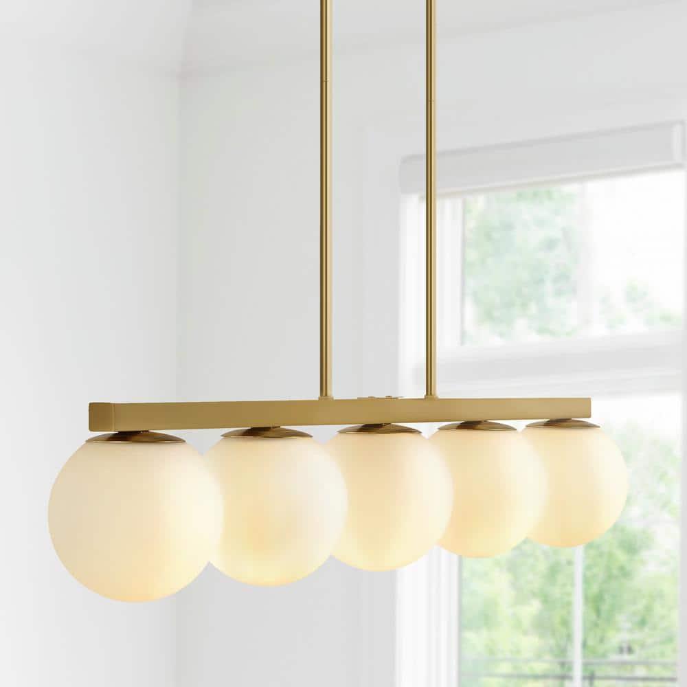JONATHAN Y Luca Parisian 45.5" 5-Light Modern Glam Iron Globe Linear LED Pendant, Brass Gold/White