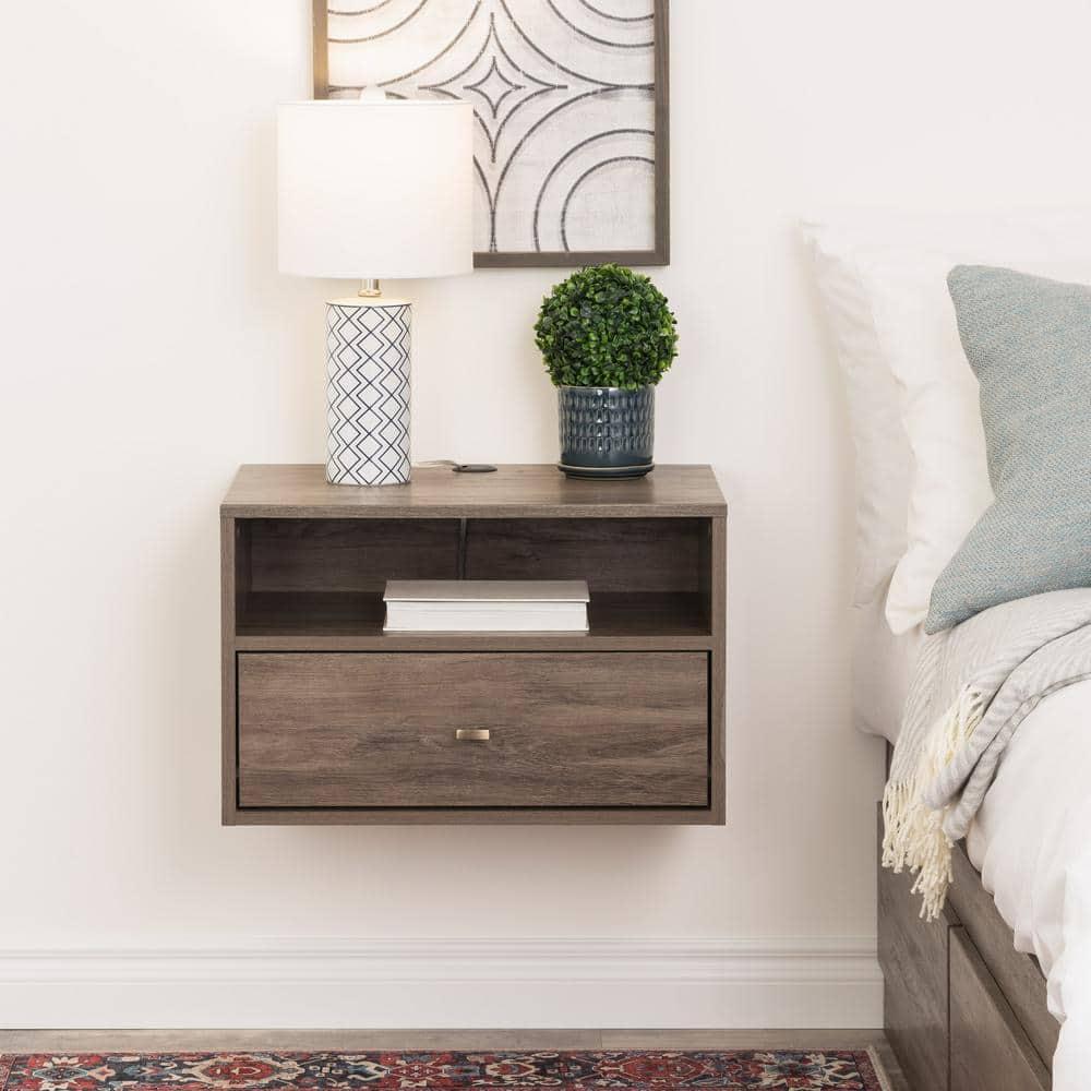 Floating 1 Drawer Nightstand with Open Shelf Drifted Gray - Prepac: Laminated, Cable Management, Metal Glides