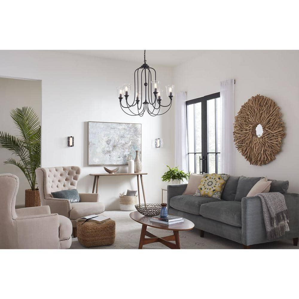 Bowman Collection Six-Light Matte Black Clear Chiseled Glass Coastal Chandelier Light