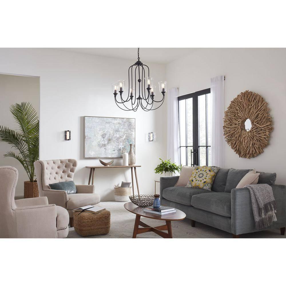 Bowman Collection Six-Light Matte Black Clear Chiseled Glass Coastal Chandelier Light