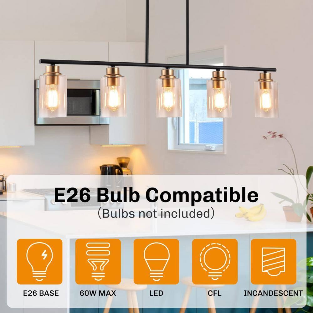 Island Light for Kitchen, 5 Lights Dining Room Lights Fixture with Clear Glass Shade, Matte Black and Gold Finish Pendant Lighting Over Table - ETL Listed