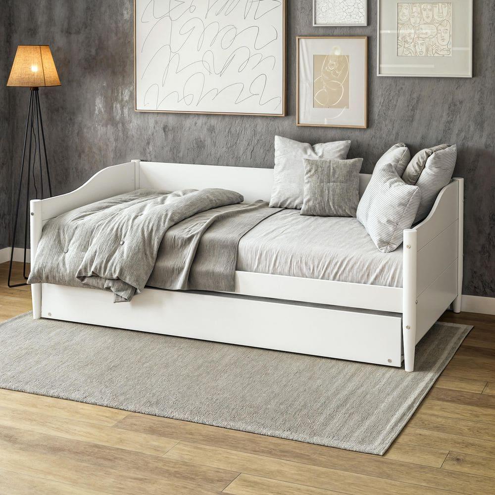 Mid Century Classic Twin Size Day Bed with Trundle White Finish