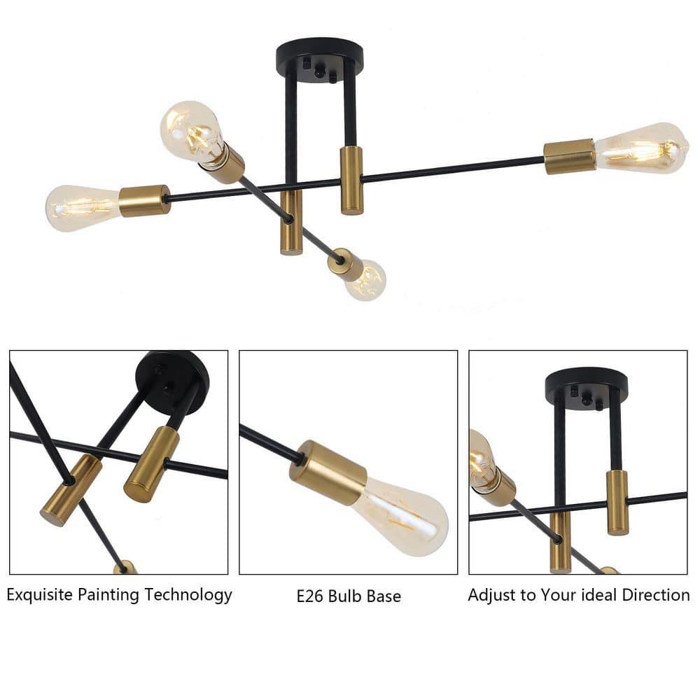 Sputnik Chandelier - 4-Light Semi Flush Mount Ceiling Light Fixture,Mid Century Modern Hanging Light Fixtures,Black and Gold Chandeliers for Dining Room Bedroom Living Room Kitchen Foyer
