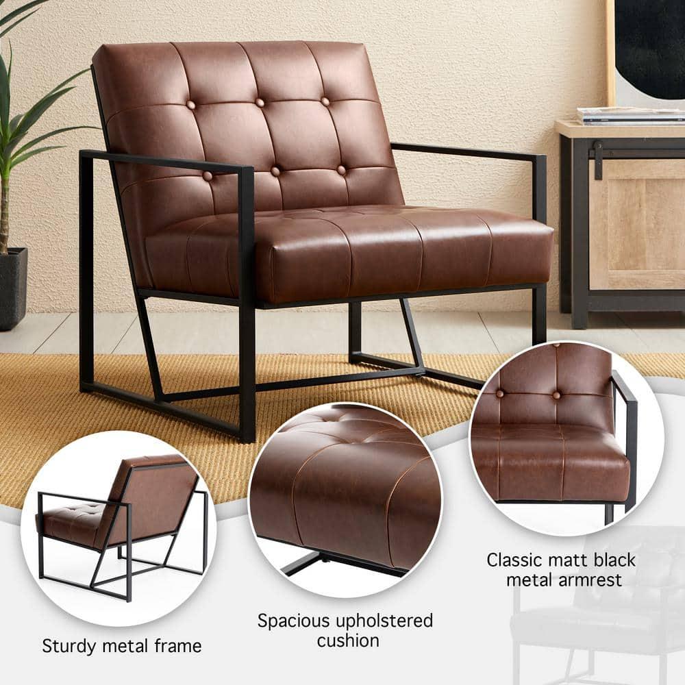 Modern Distressed Brown Faux Leather Button-Tufted Accent Chair