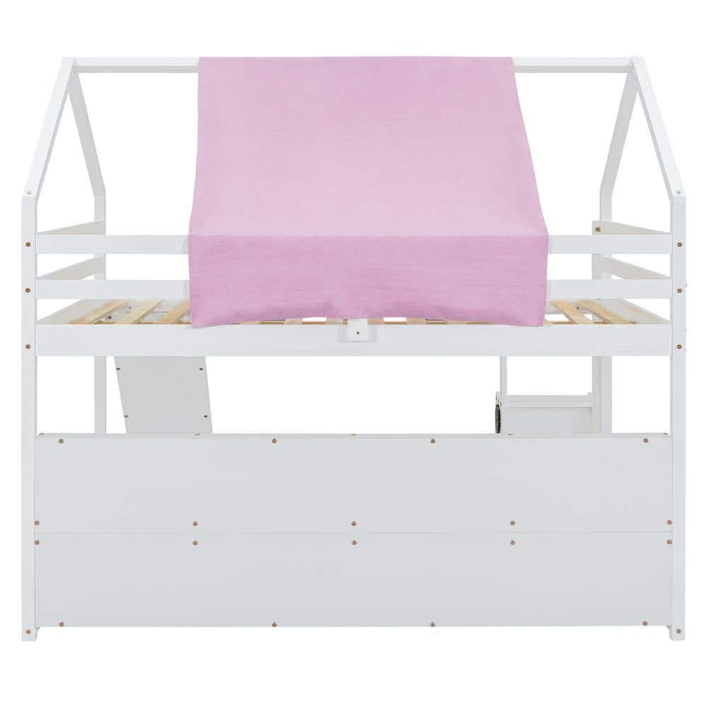 Kumix Full Size Loft Bed with Slide and Tent, House Loft Bed with Car-Shaped Storage and 2 Tier Shelves, Wood Loft Bed with Safety Guardrail & Ladder for Kids Teens Boys Girls, Noise-Free, Pink