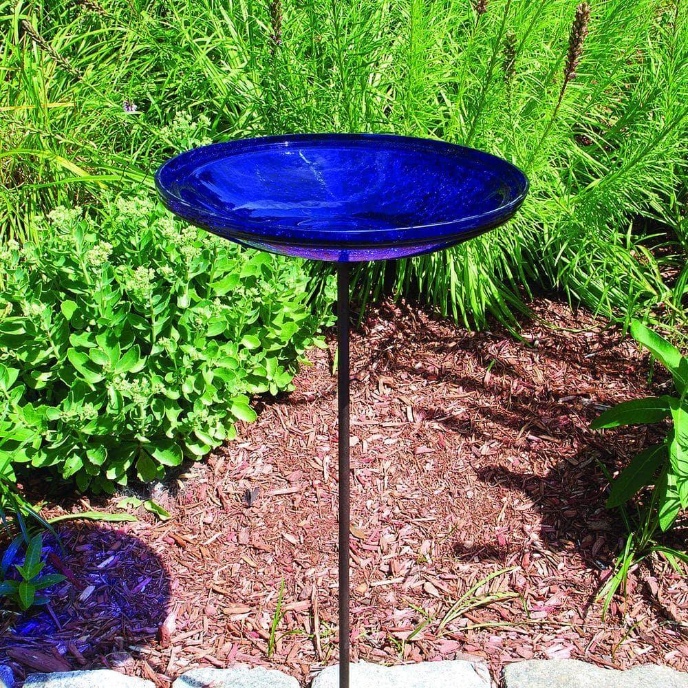Winston Porter Crackle Glass Birdbath Bowl with Stake, 14-in