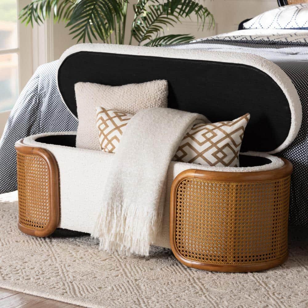 Baxton Studio Basira Boucle Fabric Storage Bench: Lift-Top, Oval, Japandi Style