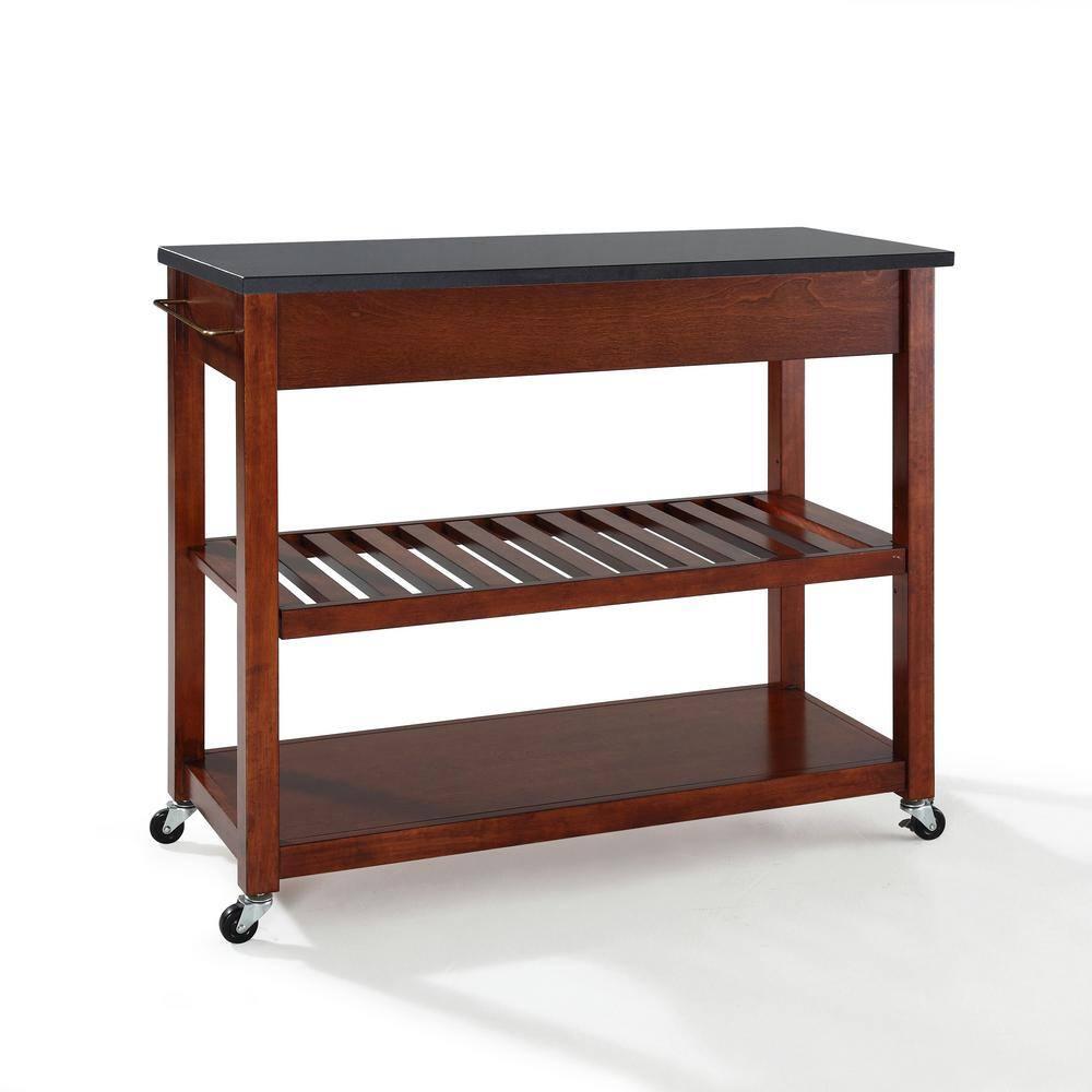 Crosley Solid Black Granite Top Kitchen Cart/Island with Optional Stool Storage Classic Cherry: Modern Rolling Furniture with Storage, 2 Shelves
