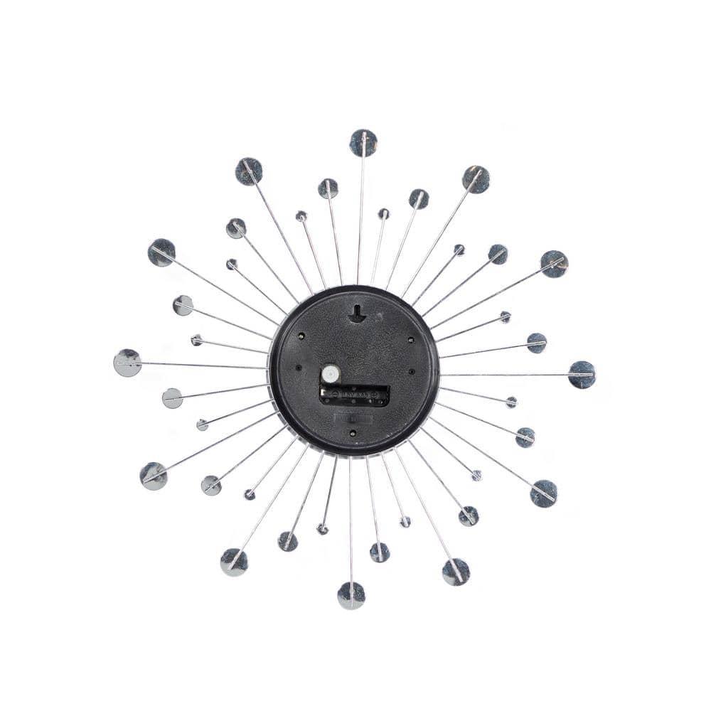 DecMode 15" Silver Metal Starburst Wall Clock with Crystal Accents