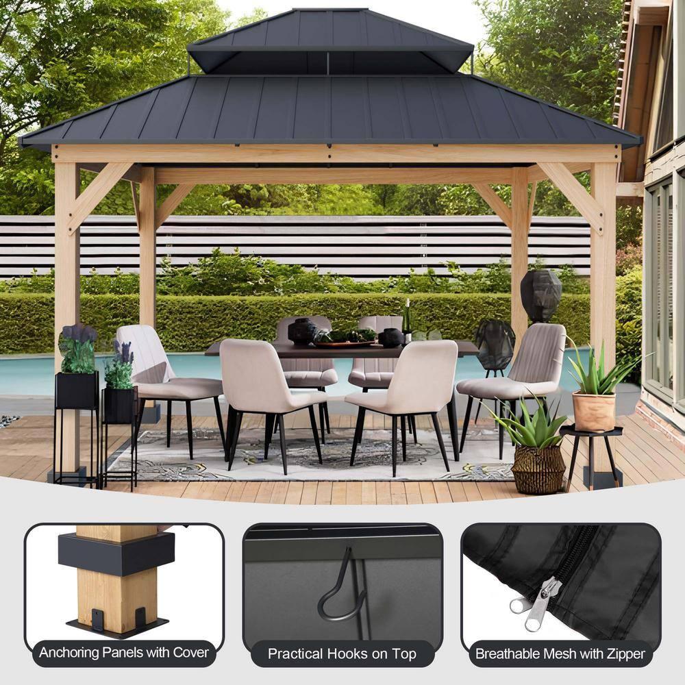 11x13 Cedar Wood Gazebo with Black Metal Double Roof
