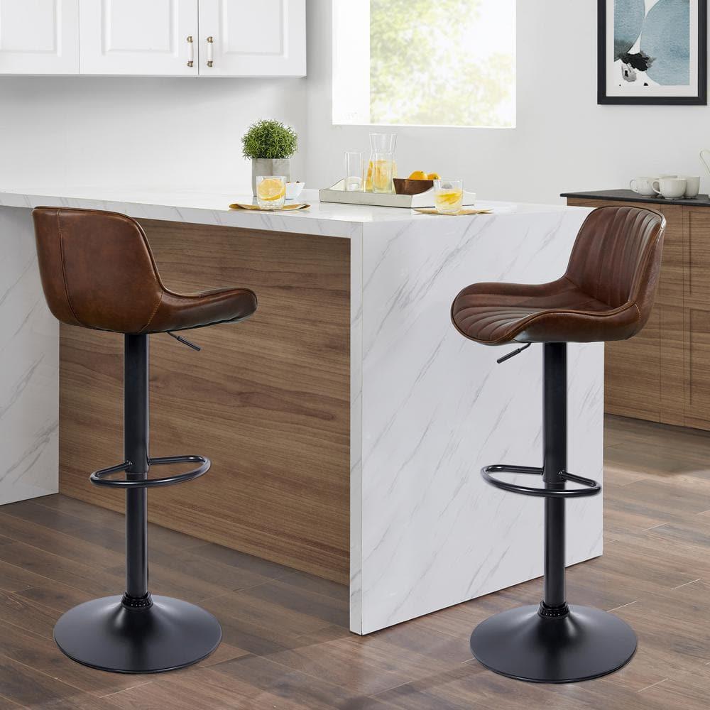 Art Leon Rustic Bar Stools Set of 2, Faux Leather with Backrest Chrome Legs, Upholstered Swivel Kitchen Stools, Cognac