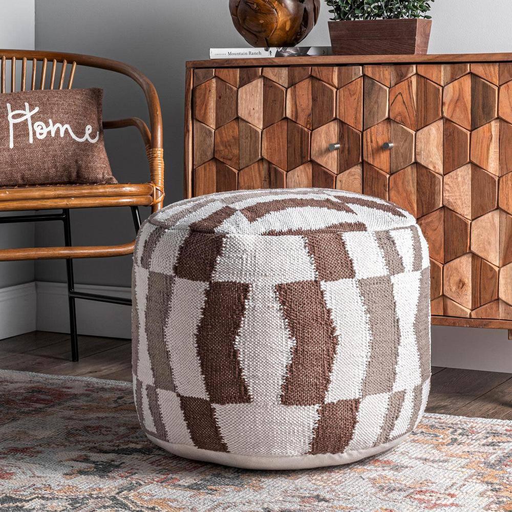 Vienna Herringbone Filled Ottoman Ivory Round Pouf