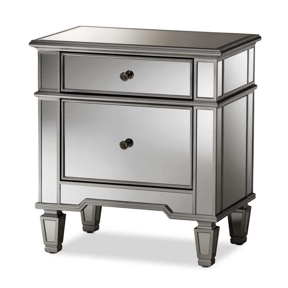 Sussie Hollywood Regency Glamour Style Mirrored 2 - Drawer Nightstand - Baxton Studio: Bronze Hardware, Beveled Top