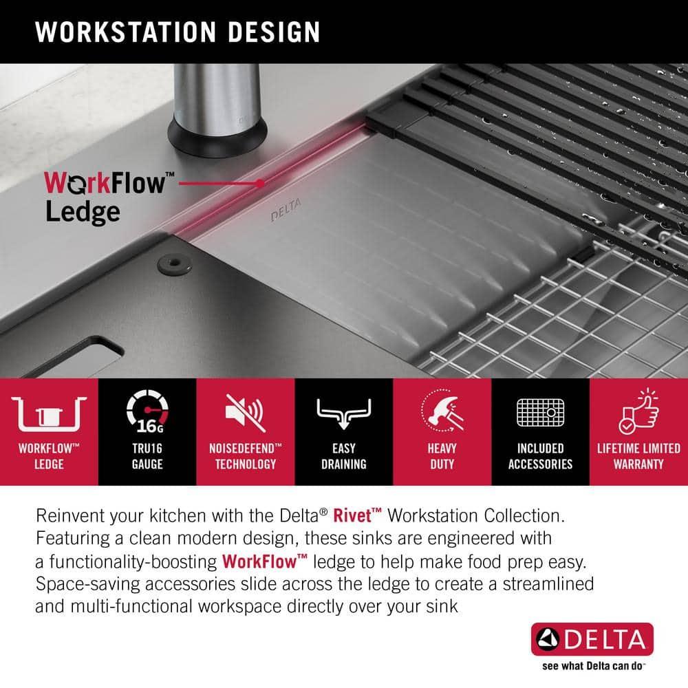 Delta Rivet™ 33" L Workstation Kitchen Sink Drop-In Top Mount 16 Gauge Stainless Steel Single Bowl