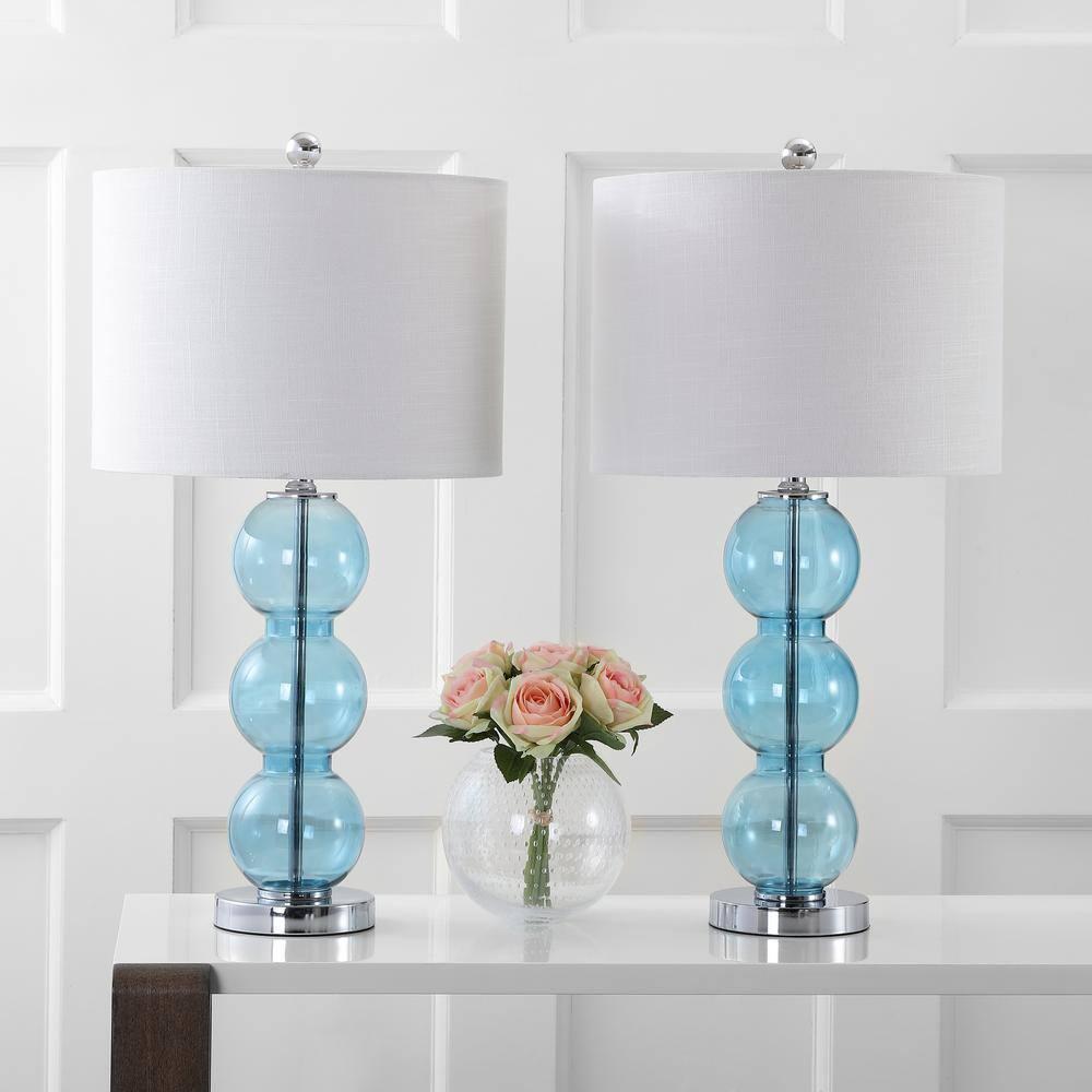 JONATHAN Y Bella 27" Glass Triple-Sphere LED Table Lamp, Sky Blue/Chrome (Set of 2)