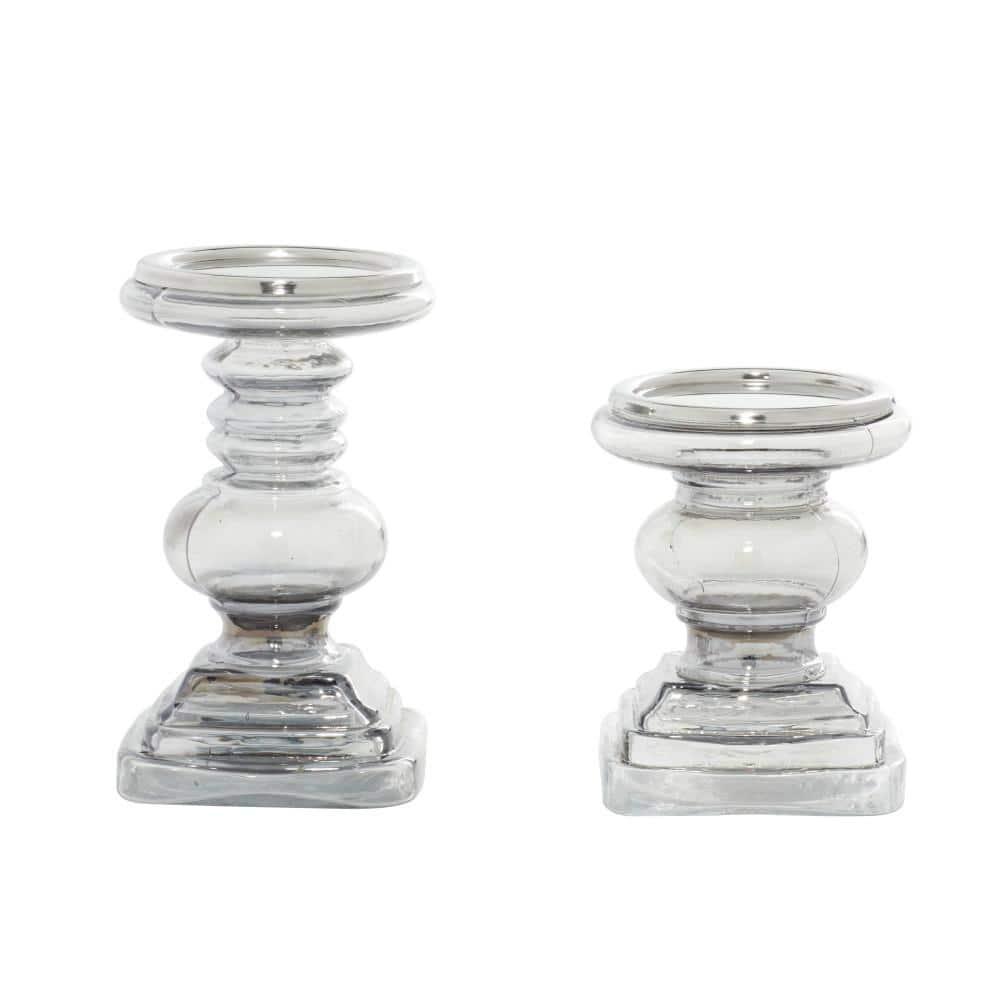 DecMode 2 Candle Silver Glass Handmade Turned Style Pillar Candle Holder, Set of 2