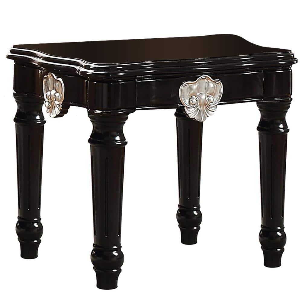 Wooden End Table With Contrast Carved Motif Turned Legs Black - Saltoro Sherpi