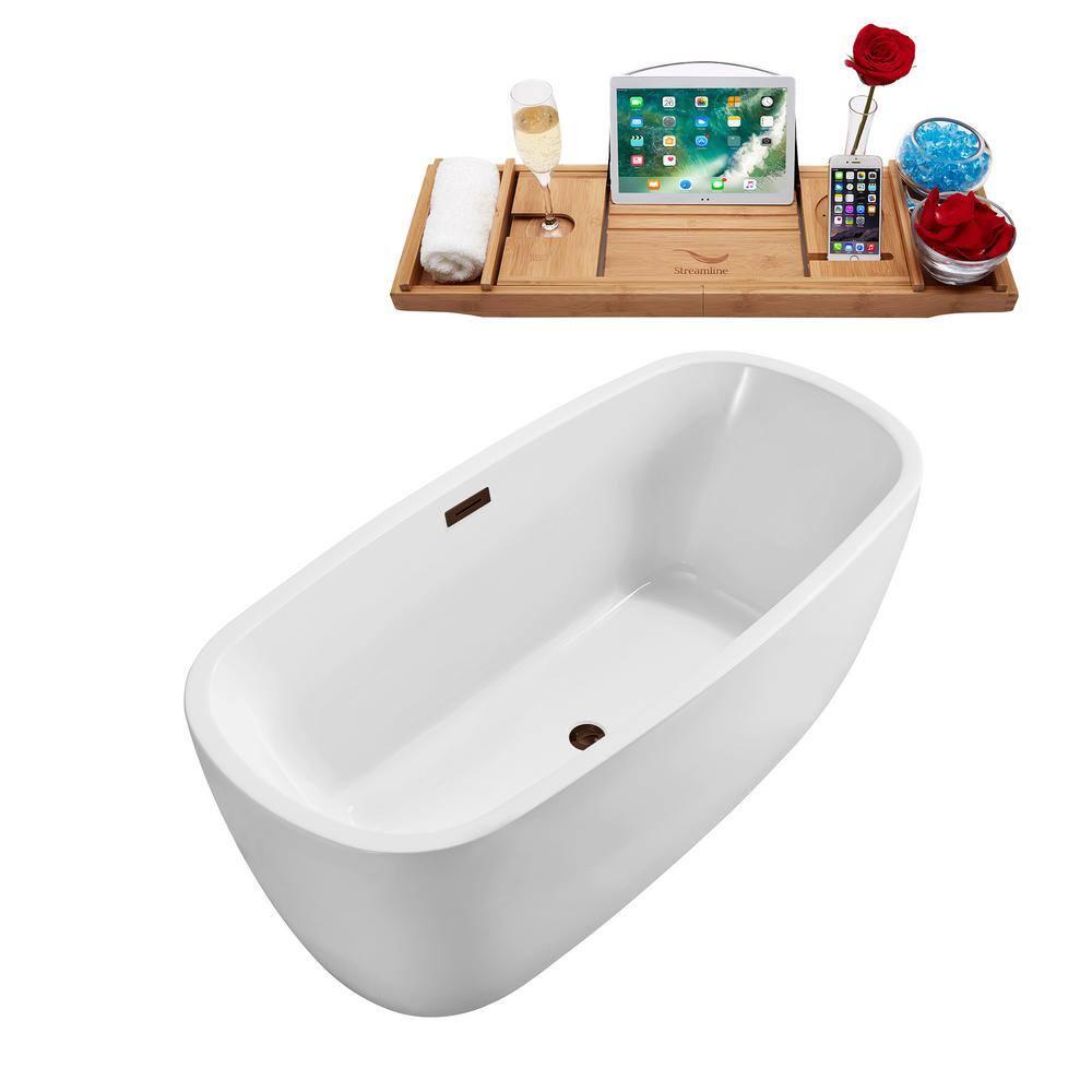 Streamline Bath 60" Streamline Freestanding Soaking Acrylic Bathtub With Drain and Bamboo Tray N240BNK