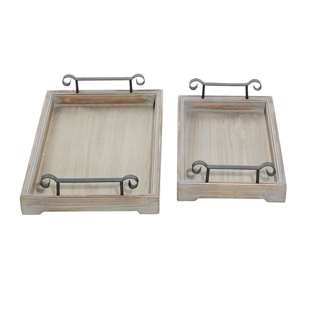 DecMode 20", 17"W Beige Wood  Tray with Metal Handles, 2-Pieces