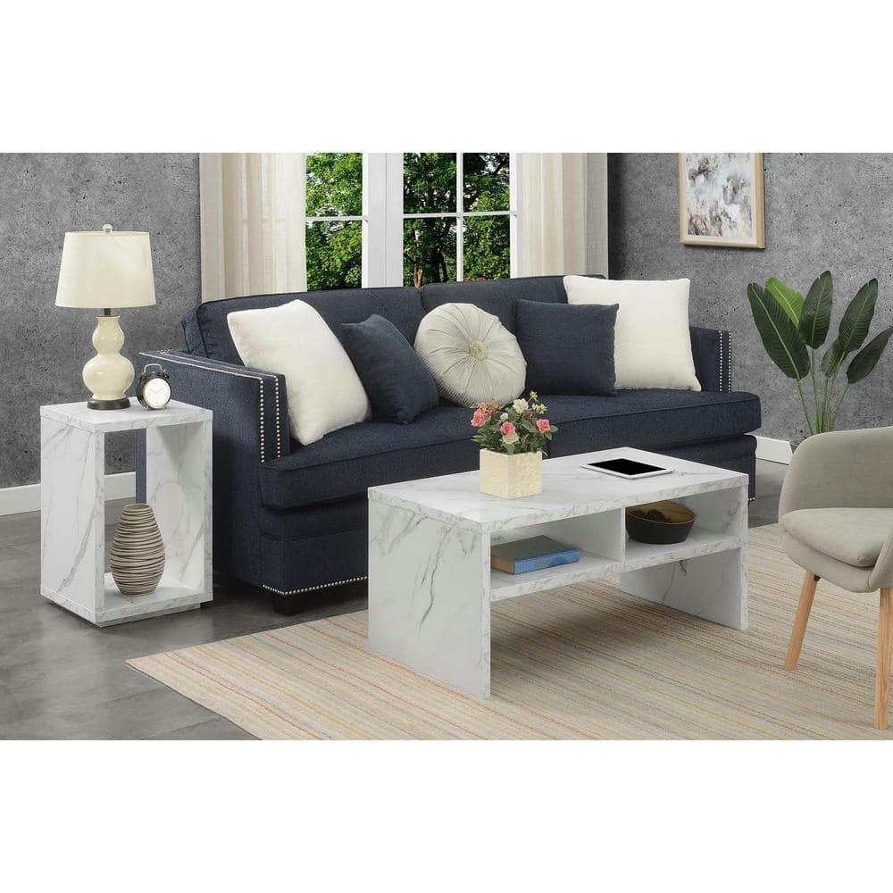 Modern Rectangular Wood & White Marble Coffee Table with Shelves