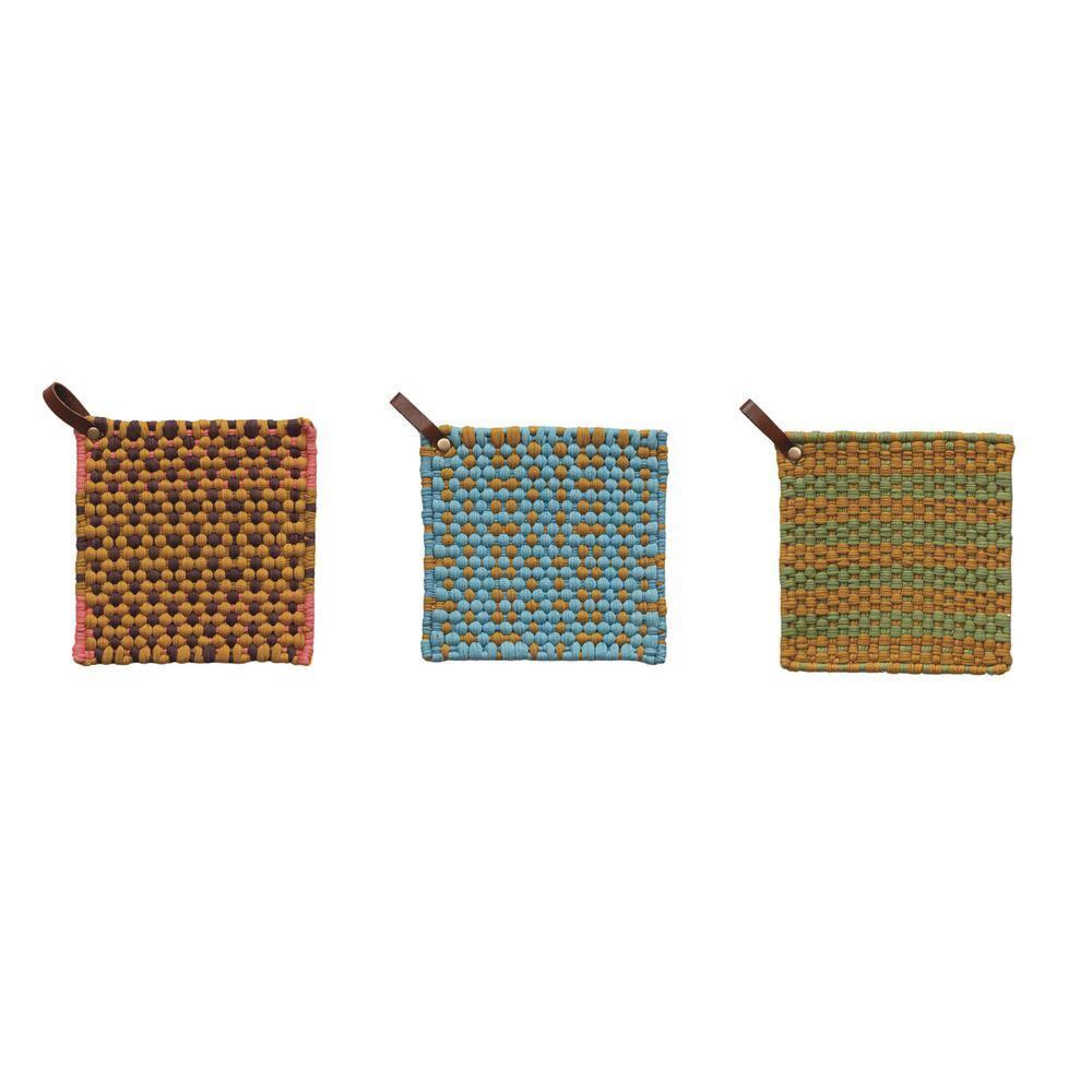 Creative Co-Op Multi-Tone Cotton Crocheted Pot Holder With Leather Loop (Set of 3)