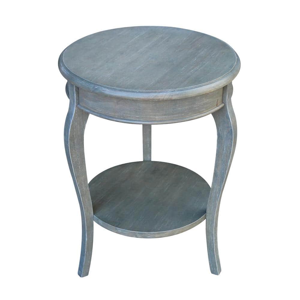 Cambria Round End Table Antique/Heather Gray - International Concepts: Solid Wood, Fixed Shelf