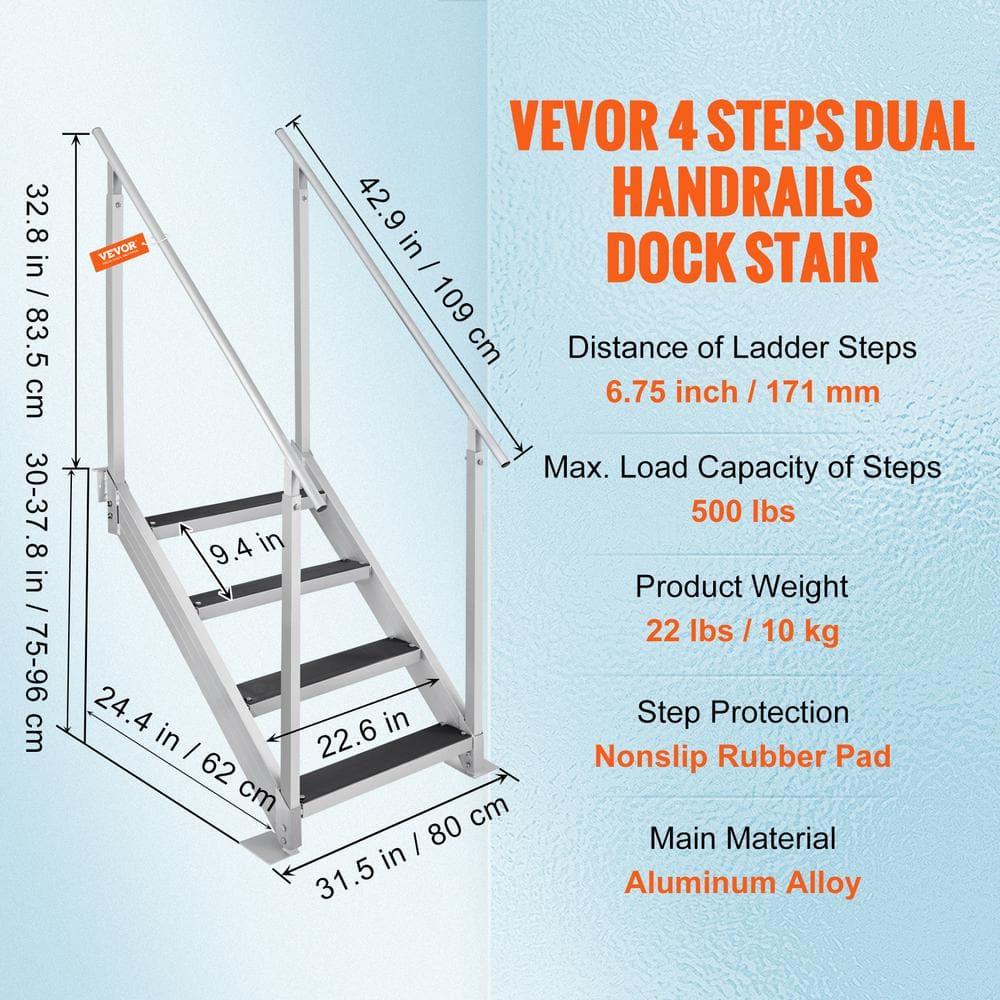 VEVOR Dock Stairs 4 Steps, 500lbs Load Pool Steps, Adjustable Height Aluminum Dock Ladders, Pontoon Boat Ladder with Handrails & Widen Nonslip Pedals for Lake/Pool/Marine Boarding/RV/House
