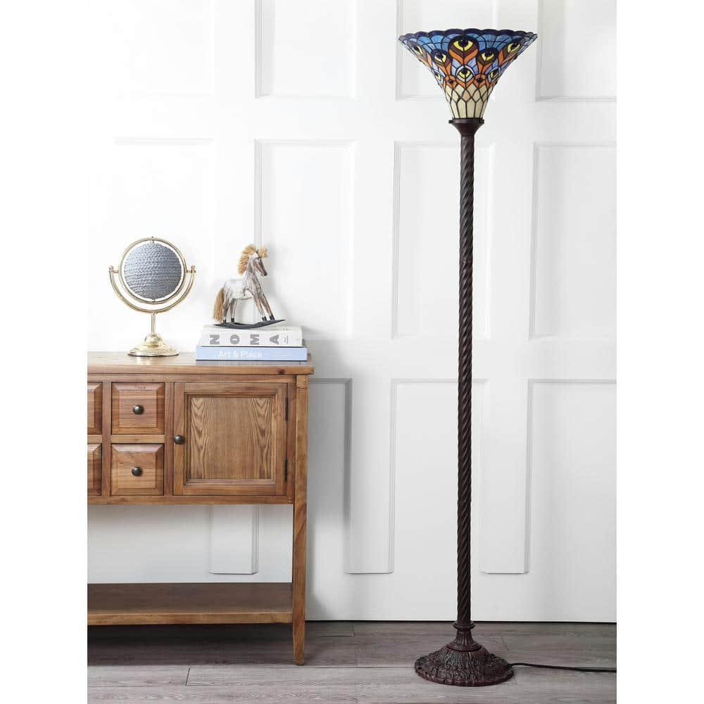 JONATHAN Y JYL8006A Peacock Tiffany-Style 70" Torchiere LED Floor Lamp, Traditional for living room, dinning room, bedroom, office Bulb Included, Bronze