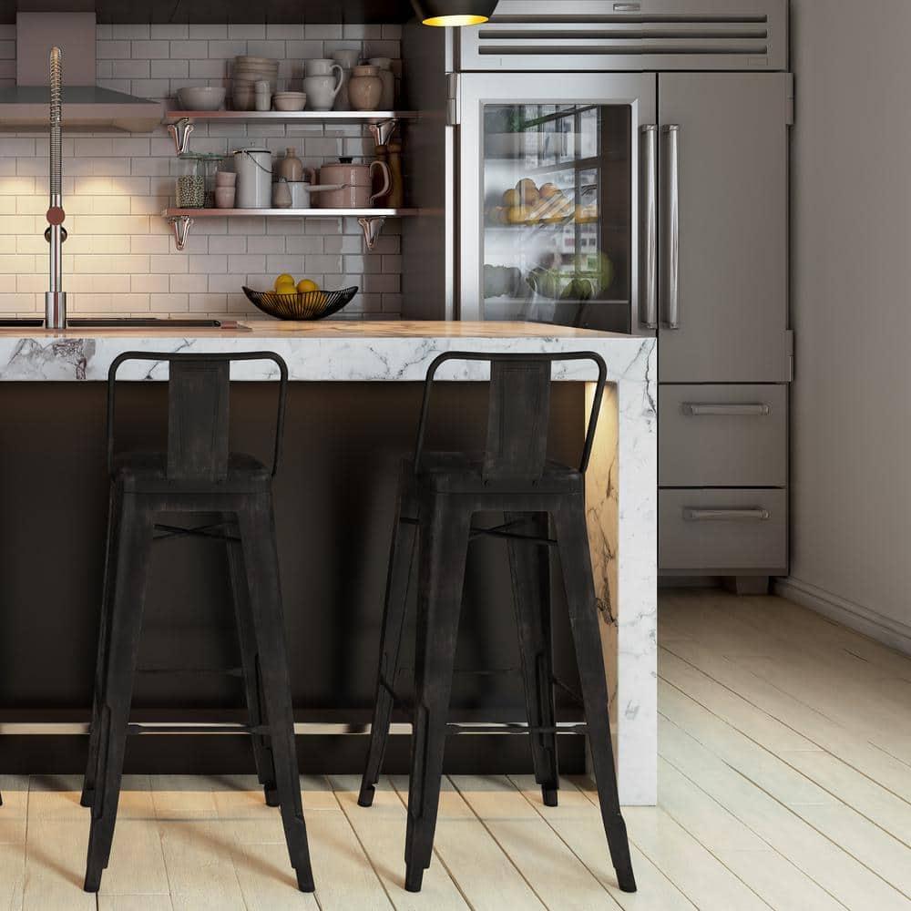 Simpli Home Rayne 30" Metal Bar Stool in Distressed Black (Set of 2)