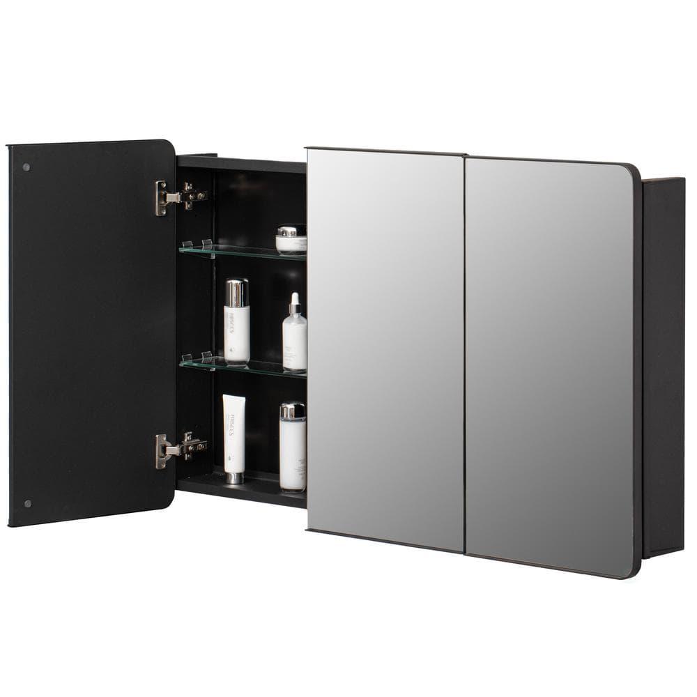 Basicwise 3-Door Aluminum Medicine Cabinet, Round Corner Frame, Surface or Recessed Mount, Mirrored Doors with Adjustable Glass Shelves, Matte Black