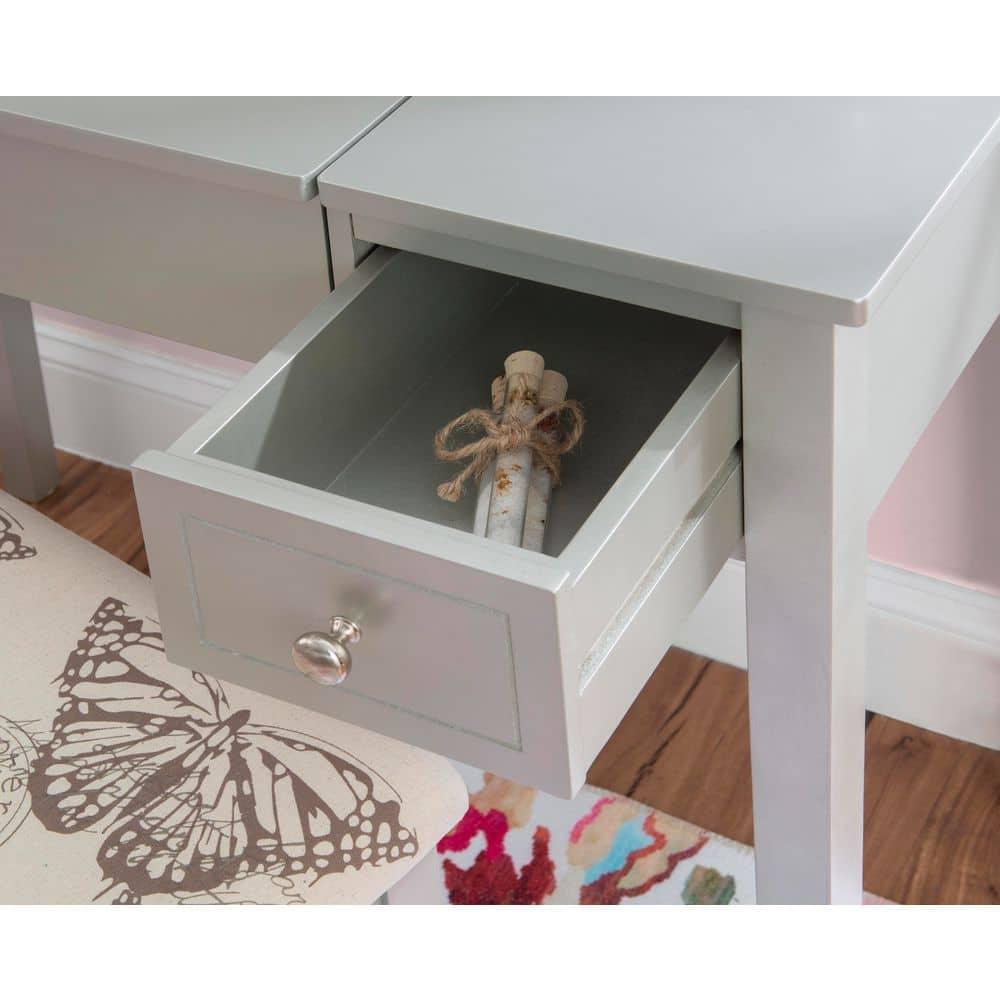 Traditional Wood Flip Up Mirror Drop Drawer Butterfly Vanity and Stool Silver - Linon