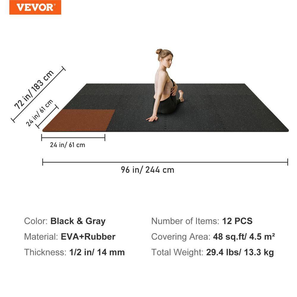 VEVOR 12pcs 1/2 inch Thick Gym Floor Mats, 24" x 24" EVA Foam & Rubber Top Interlocking Workout Floor Mats with 48 sq.ft Coverage, Waterproof Exercise Puzzle Flooring for Gym, Home, Garage, Basement