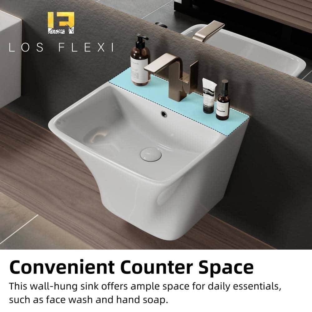 Los Flexi Wall Mount Sink with Overflow, Modern Floating Bathroom Vessel Sink, Single Faucet Hole, Pop-up Drain Included